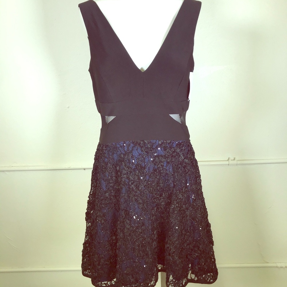 Xscape Mesh Inset Embroidered Cocktail Dress